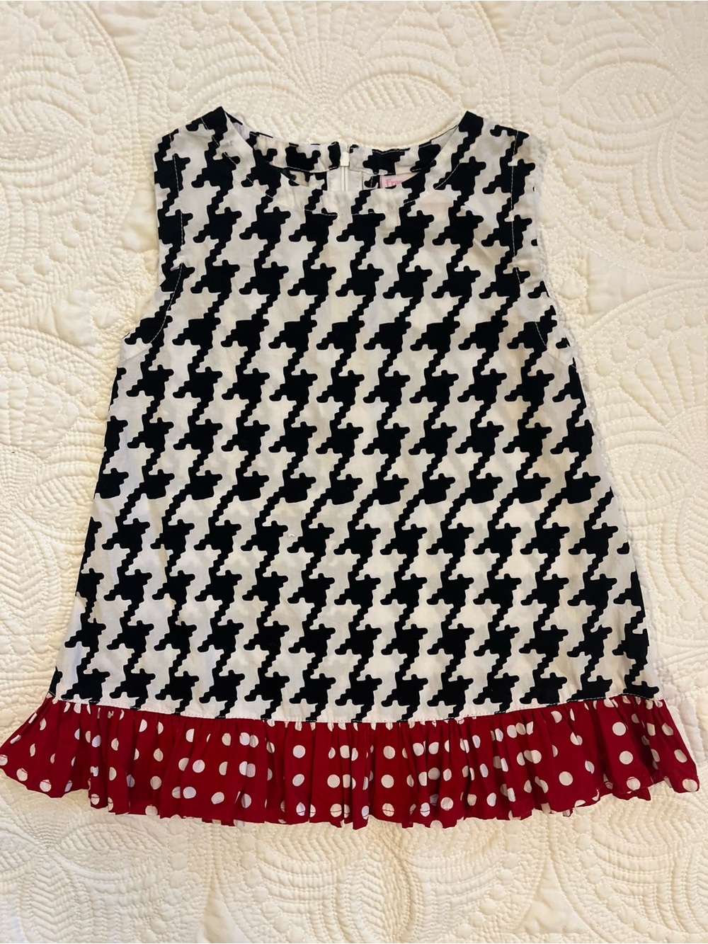 Houndstooth Dress with Red Polka Dot Hem
